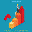 Growing data building flat 3d isometry isometric business report concept web vector illustration. Construction worker building brick chart columns. Growth on estate market. Creative people collection.