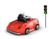 Red cabrio starting on green traffic light signal (funny isolated on white background micro machines series)