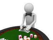 Croupier shuffles the cards (3d characters isolated on white background series)