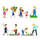 Family life in garden creative vector icon set. Young man woman children gardening illustration on white background. People grow farm plants. Scythe shovel pitchfork watering can bucket basket box.