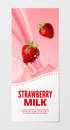 Sweet fruit milk vertical realistic banner 3d vector illustration. Business flyer with strawberry splash milk isolated on white background.