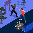 Cartoon ninja fight game screen shot concept vector illustration. Isometric 3d flat style playing video game screenshot. Man Fighting with Samurai by hands. Sofa laptop carpet room nature background.