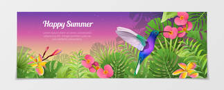 Happy summer time tourism creative template. Time to travel vacation agency web site flyer brochure vector illustration. Nature Bird humming-bird plant flower color background.