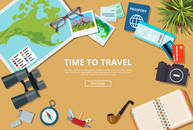 Time to travel agency web site flyer brochure mockup vector illustration. Trip plan to visit countries cities landmarks. Vacation tourism map passport credit card camera compass notebook knife ticket