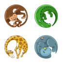 Wild Africa Animals circle cartoon vector icons such as logo.
Monkey, Crocodile, Giraffe, Hippo creative design illustration circle stickers.