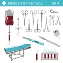 Flat style medical pharmaceutical hospital equipment scissors, ?scalpel icon set. Medicine pharmacy collection.