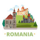 Romania country magnet design template. Flat cartoon style historic sight showplace web vector illustration. World vacation travel Europe European collection.Drakula’s Corvin Castle Biserica Neagra.