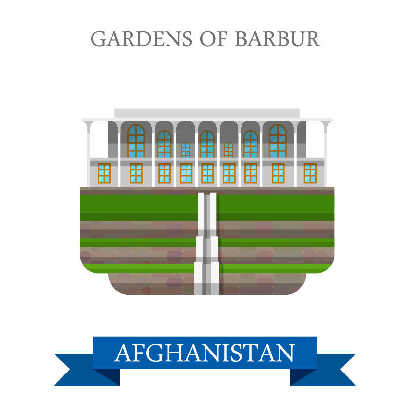 Gardens of Babur in Afghanistan. Flat cartoon style historic sight showplace attraction web site vector illustration. World countries cities vacation travel sightseeing Asia Afghan collection.