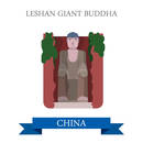 Leshan Giant Buddha in China. Flat cartoon style historic sight showplace attraction web site vector illustration. World country city heritage vacation sightseeing Asia Asian Chinese collection