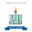 Abraj Al-Bait Towers in Mecca Saudi Arabia. Flat cartoon style historic sight showplace attraction web site vector illustration. World country city vacation travel sightseeing Asia Asian collection.