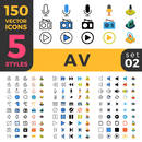 150 AV Audio Video media big ui icon set. Linear outline flat isometric 5 styles icons. Five style vector mobile app application software interface web site element sign symbol 2d 3d object collection