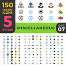 150 miscellaneous misc ui icon set. Linear outline flat isometric 5 styles icons. Five style vector mobile app application software interface web site element sign symbol 2d 3d object collection.