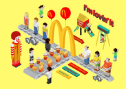 Mc Donalds brand flat style vector illustration isometric concept. Fastfood as a conveyor of deseases. Fatness, trans fat, diabetes, carcinogen, hepatic, production line, manufacturing. Collection of vector brands conceptual illustrations.