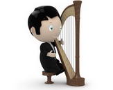 Musician at play! Social 3D characters: young man wearing tailcoat plays harp. New constantly growing collection of multiuse people images. Concept for arts and entertainment illustration. Isolated.